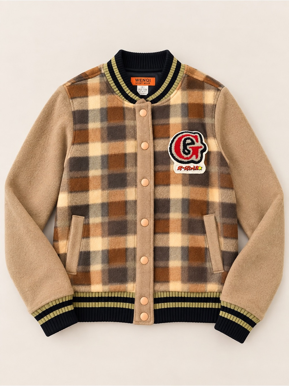 Plaid Varsity Bomber Jacket Brown Beige G Patch Y2K Preppy Asian L